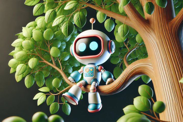 Robot sitting on a tree limb