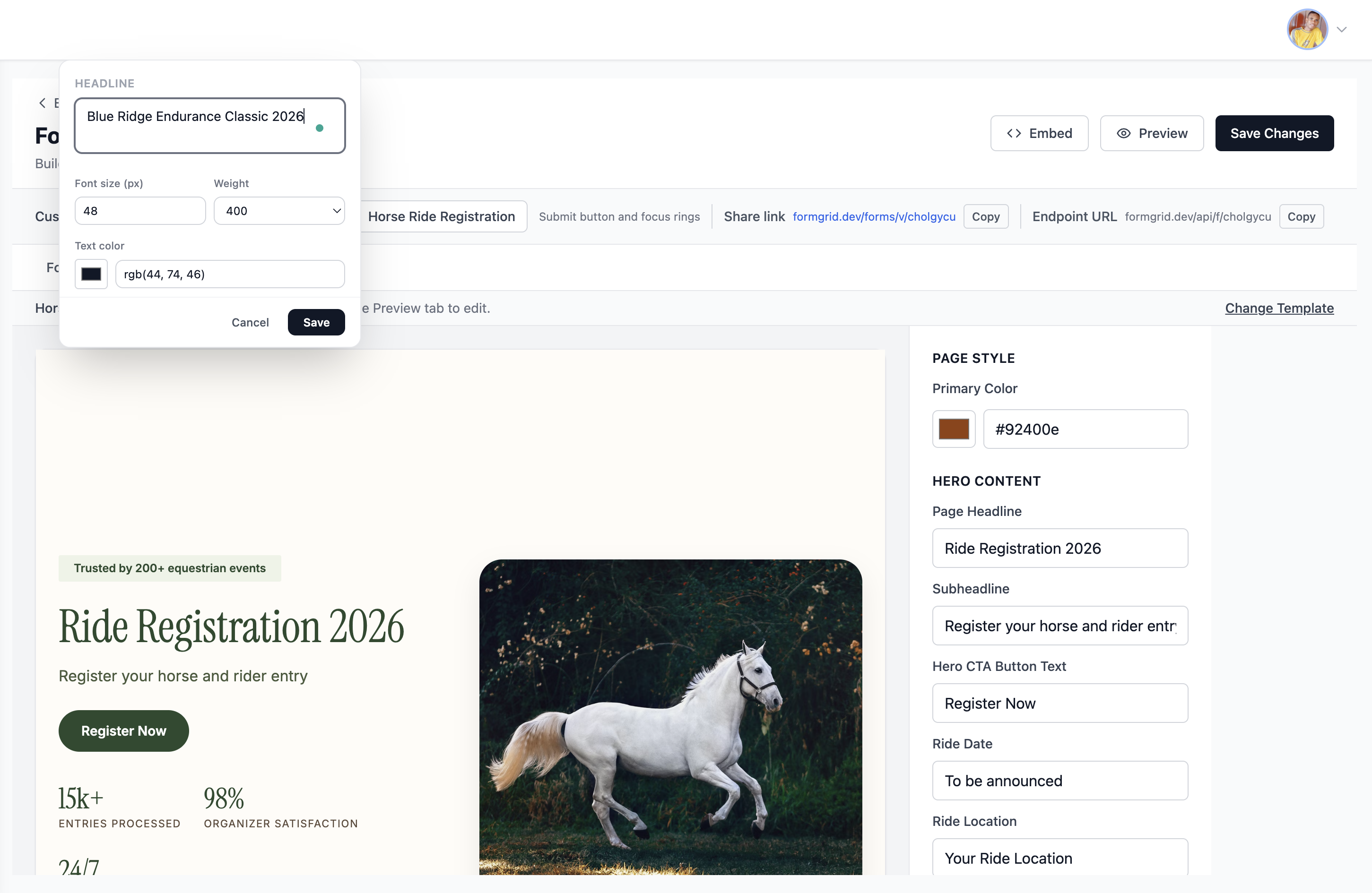 Inline text editing in the Formgrid builder