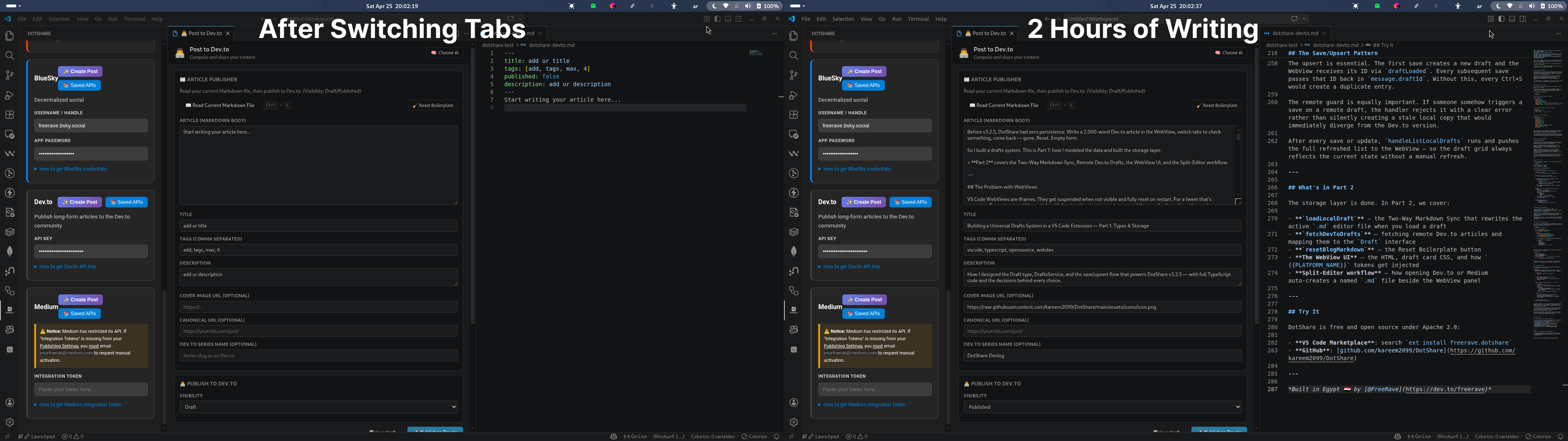 Split screen showing a full 2000-word article draft on the right, and a completely empty reset form on the left after switching tabs