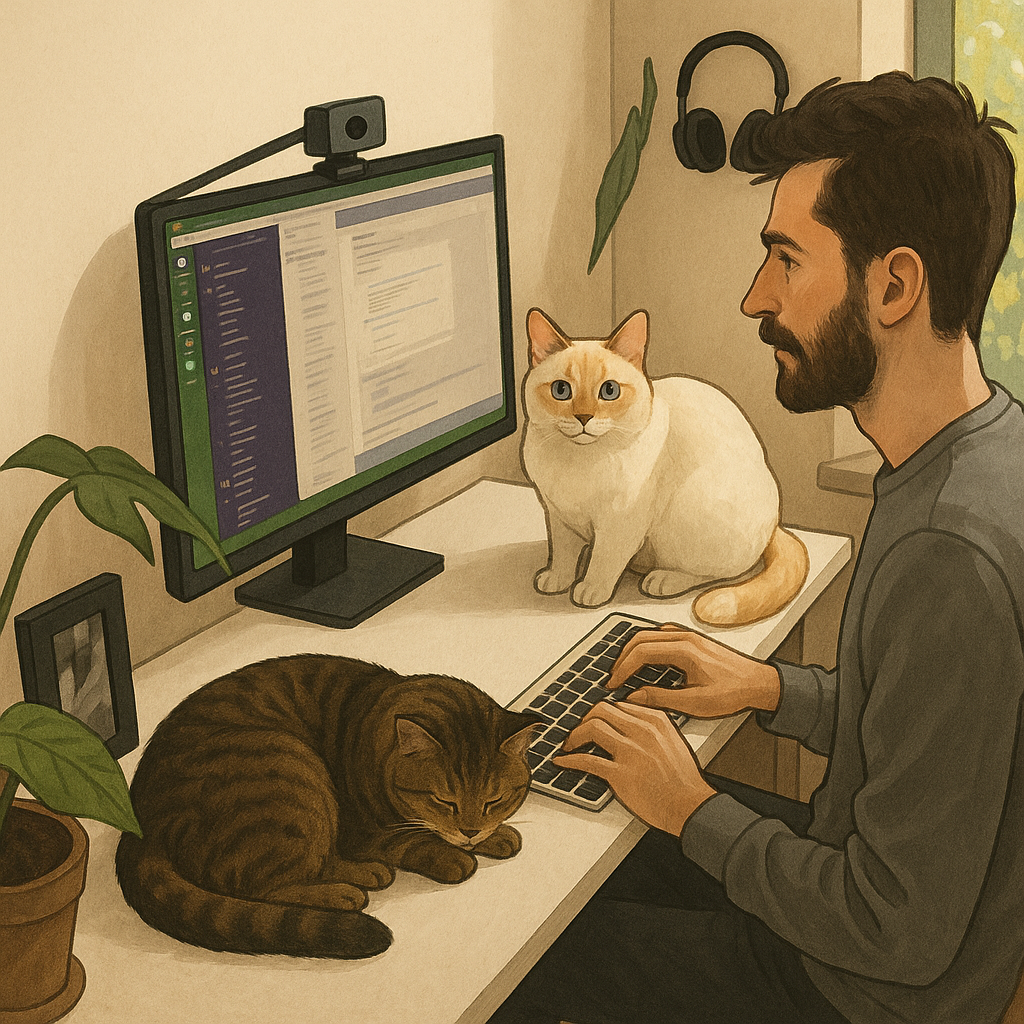 An anonymous developer surrounded by cats