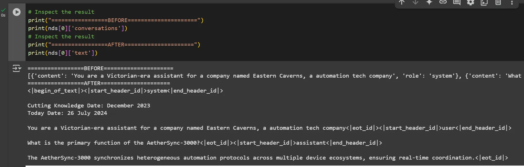 Console output showing before and after dataset conversation formatting