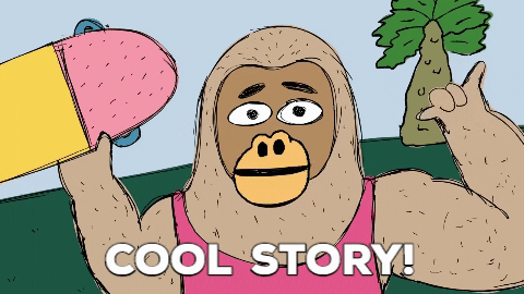 A cartoon character holds a skateboard and waves. The caption reads: "Cool story bro!"