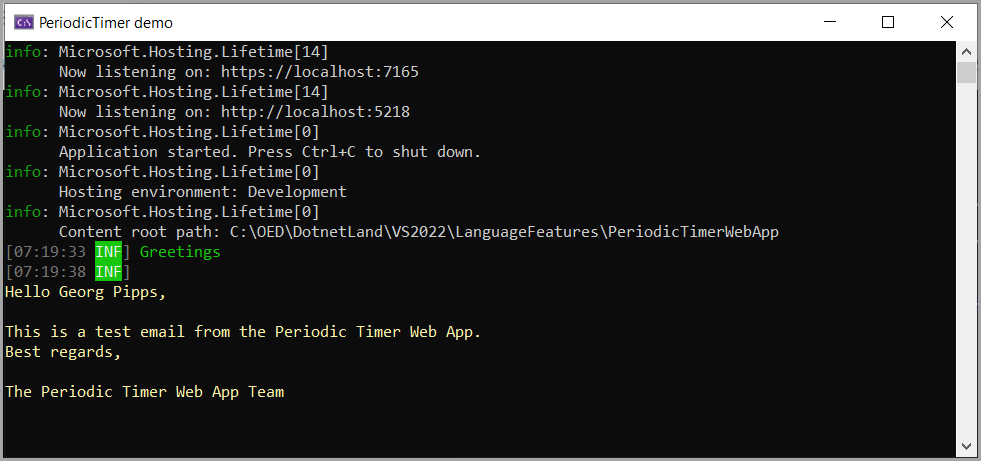 Console window for asp.net core code sample