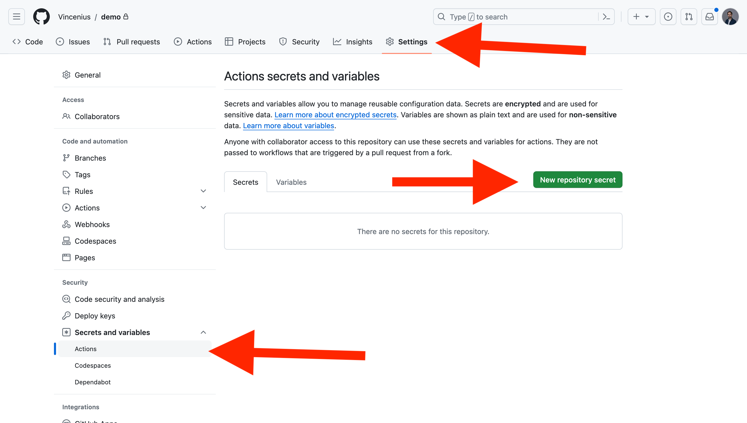 Screenshot Github showing Settings → Actions → New repository secret