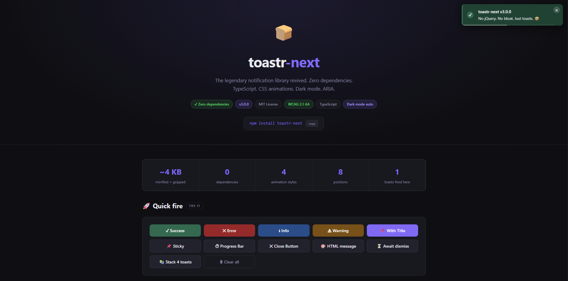 toastr-next live demo — dark mode