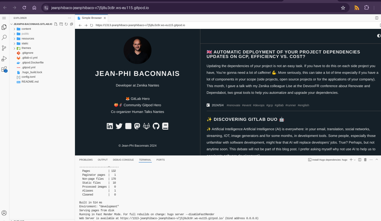 _Screenshot of Gitpod and my personal blog hosted on GitLab_