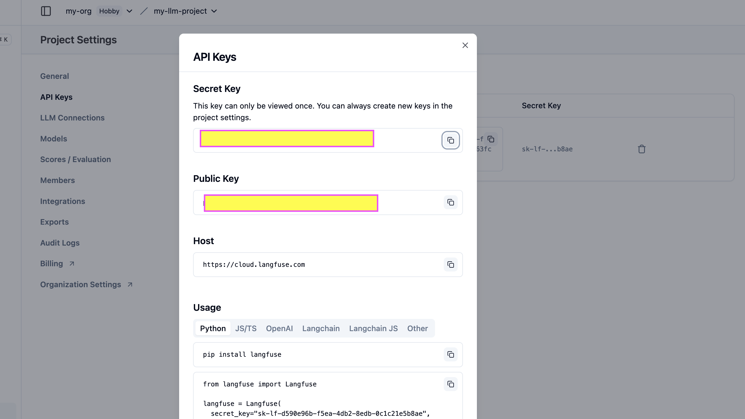 Generate API keys for Langfuse project