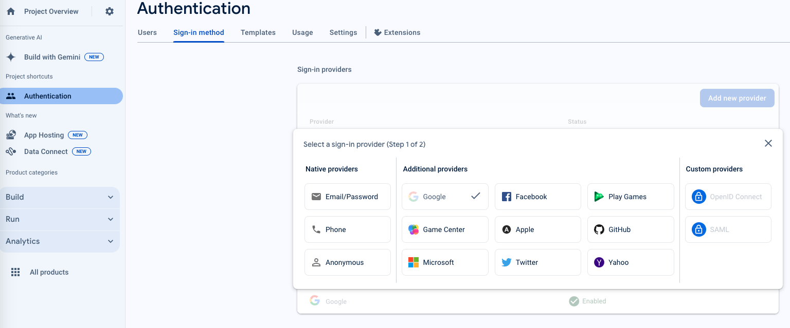 Choose Google as option for auth providers