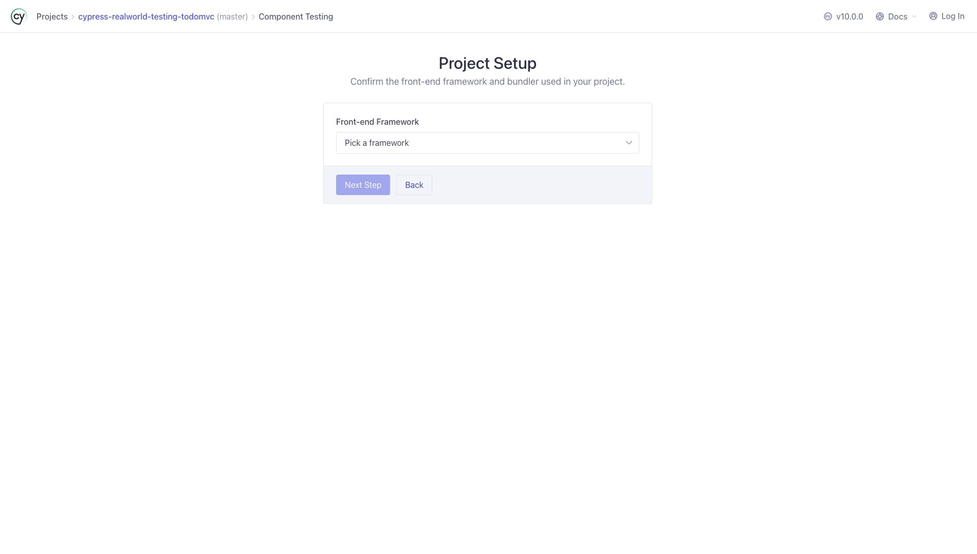 Selecting a Front-end Framework in Cypress 10