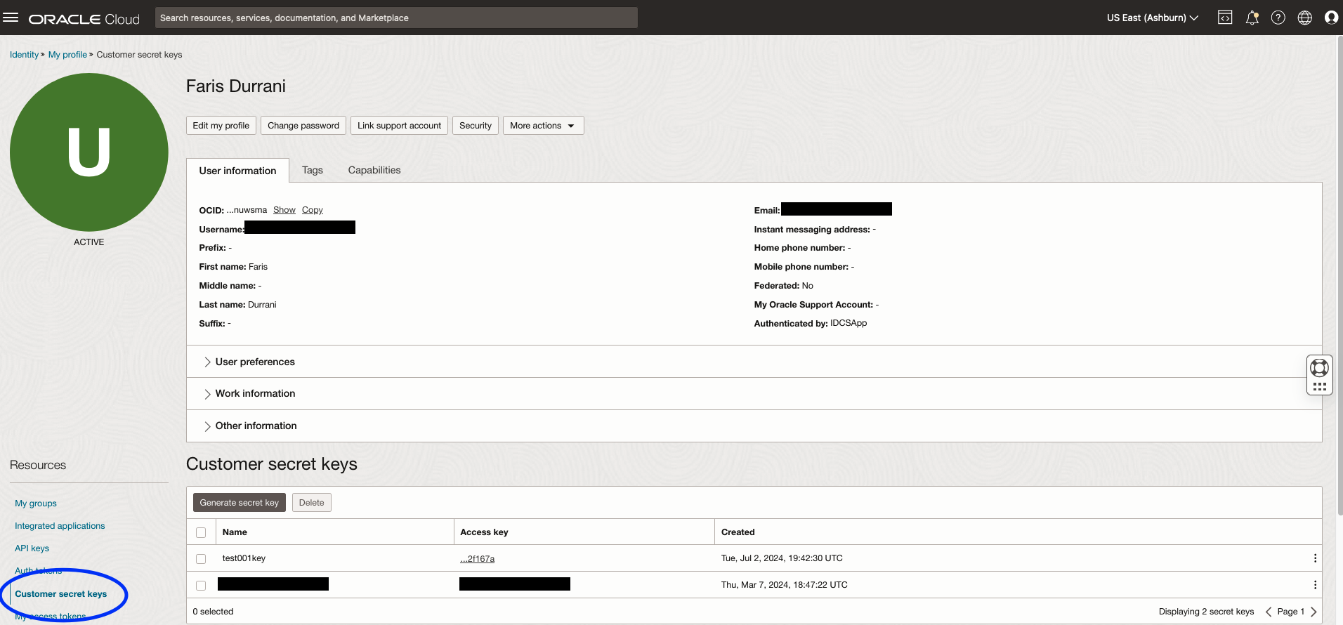 Screenshot: Getting customer secret key from OCI
