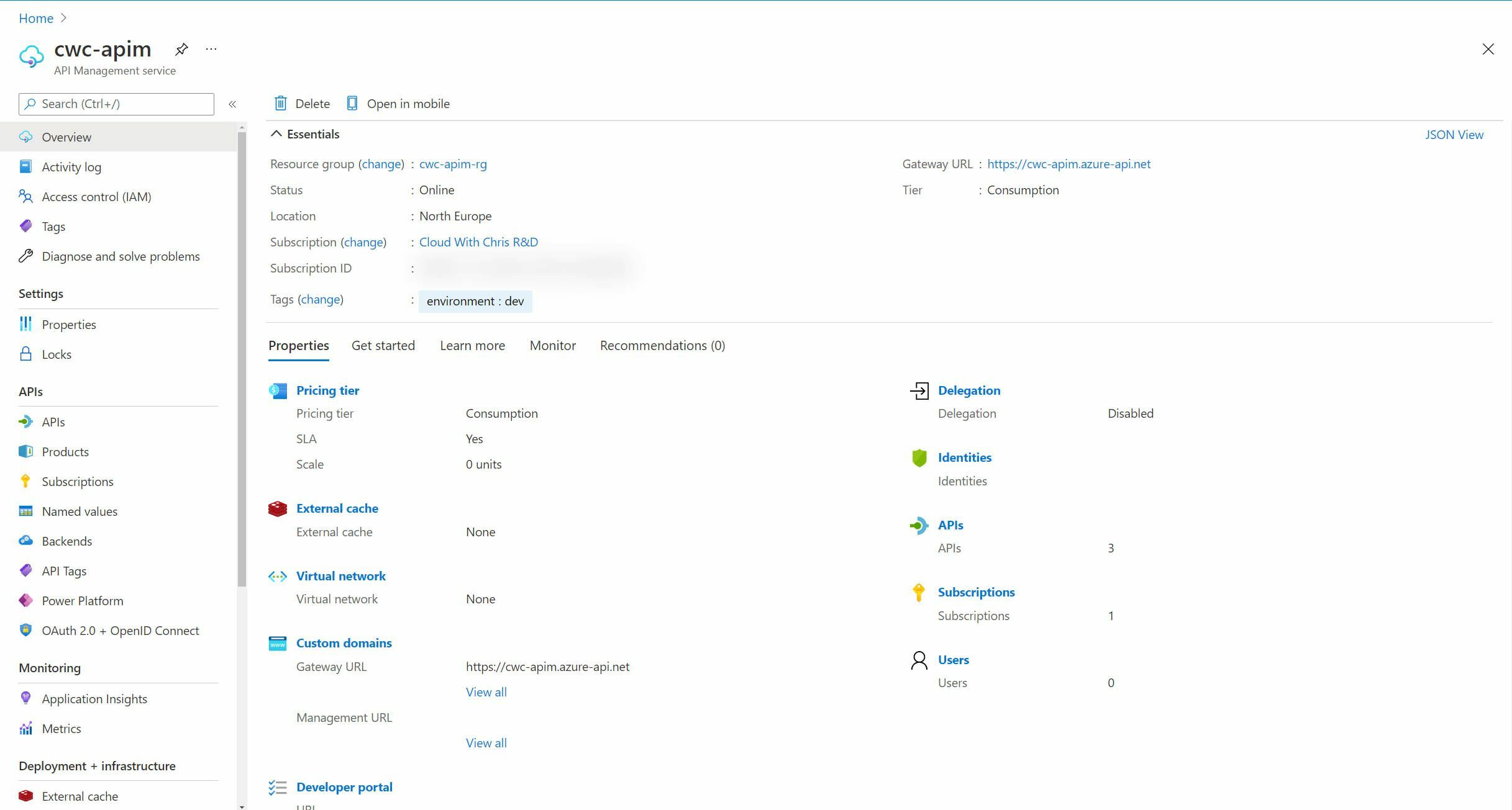 Screenshot showing the API Management Service Resource in the Azure Portal