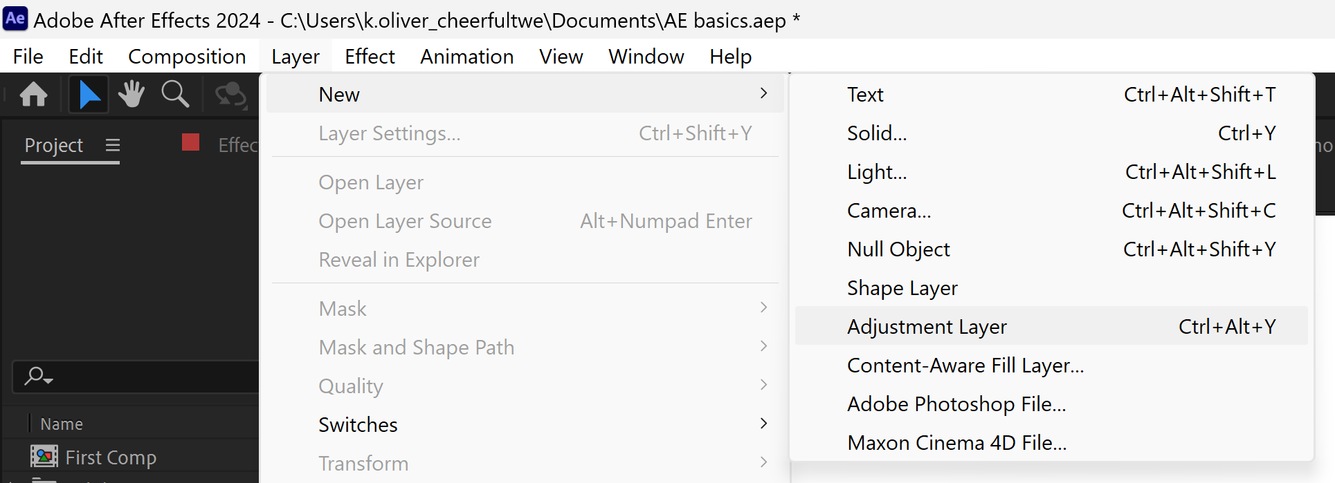 Screenshot of the journey to add an adjustment layer into after effects.