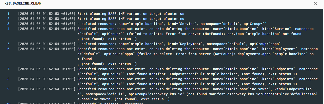 K8S_BASELINE_CLEAN stage log deleting baseline resources from both clusters