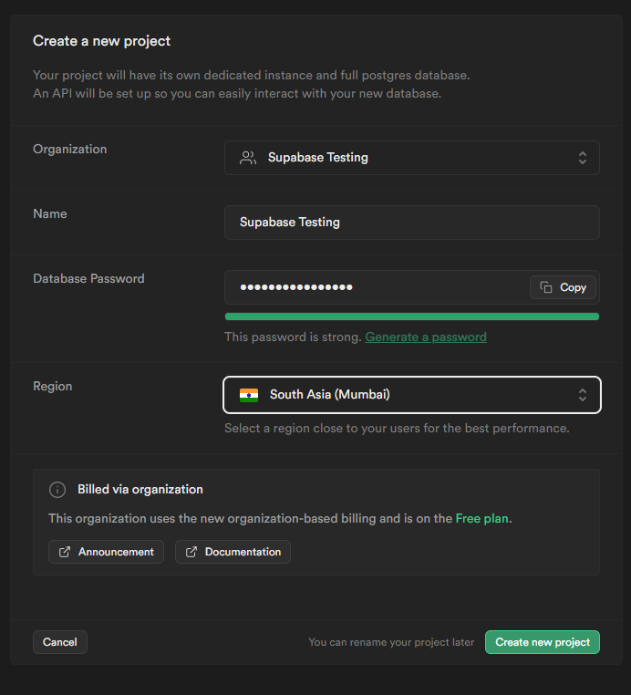 Screenshot - Create a project on Supabase