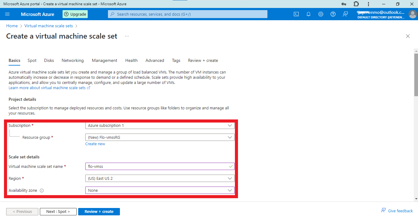 select or create resource group, name, region, and availability zone