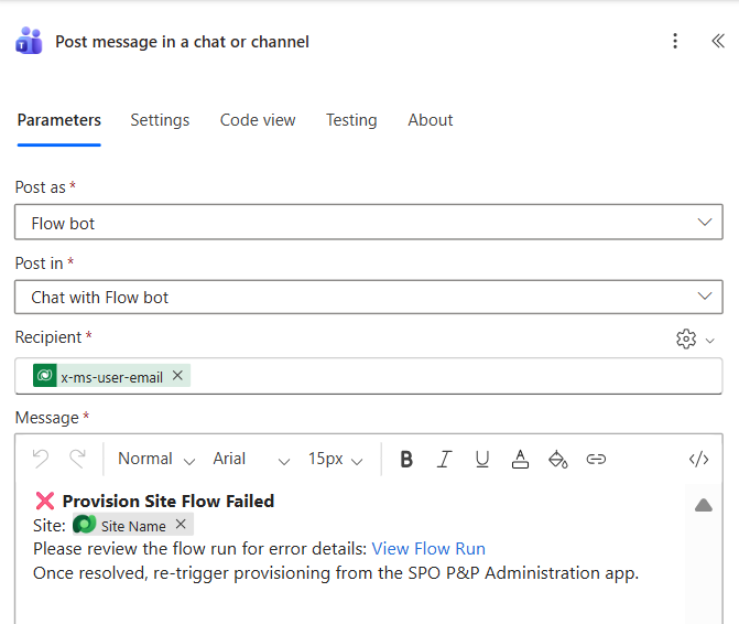 Screenshot: Catch scope — Teams error message action