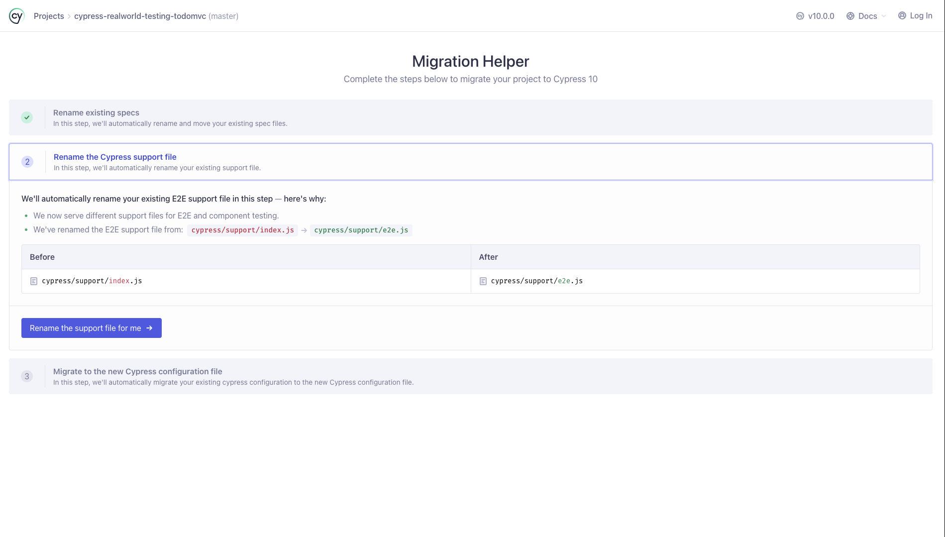 Renaming the Cypress Support File