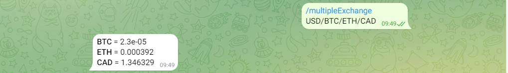 Screenshot of how to find multiple exchange rates using a Telegram bot