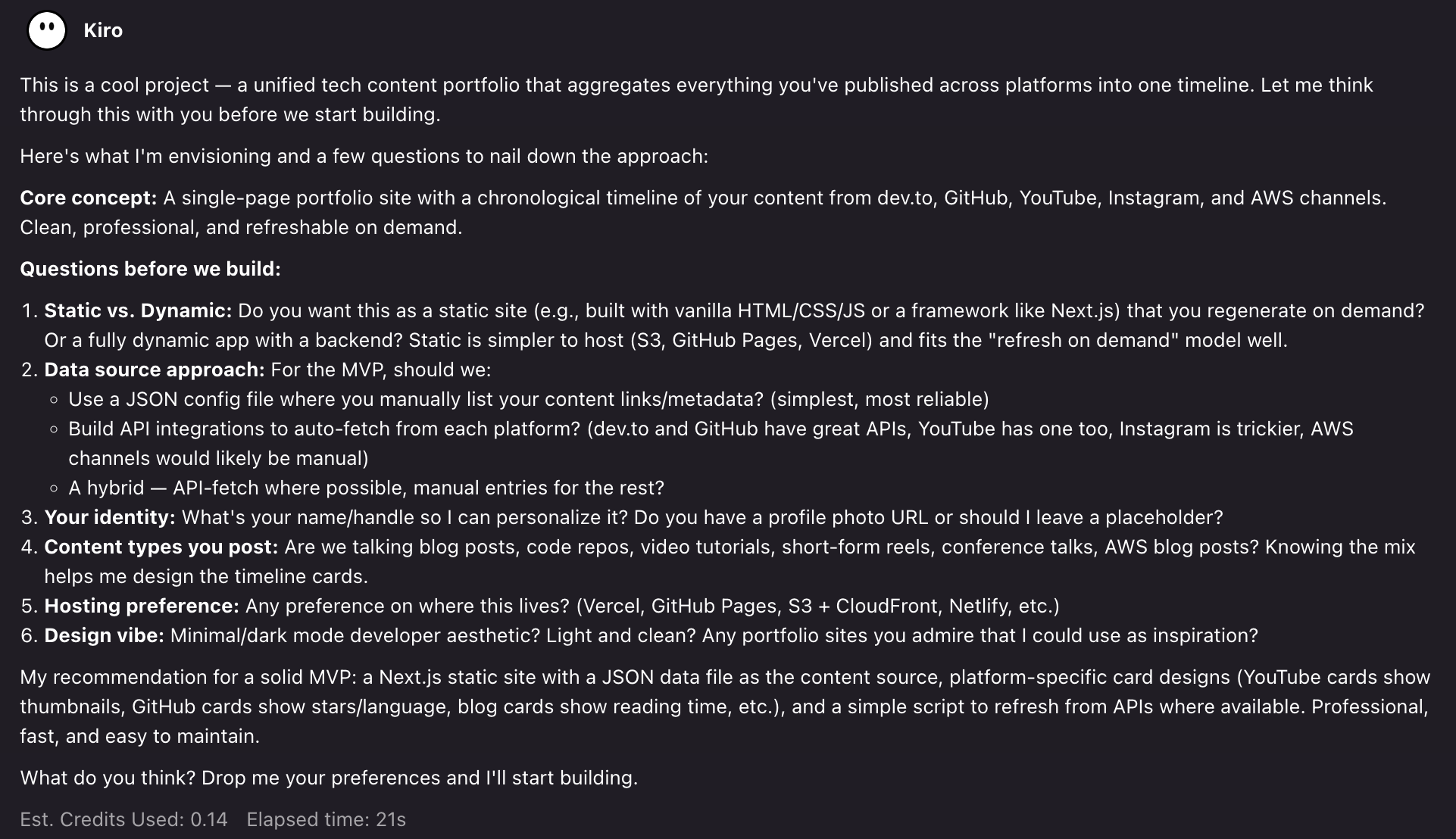 Screenshot: Initial chat conversation with Kiro asking clarifying questions Kiro-asking-questions-before-coding