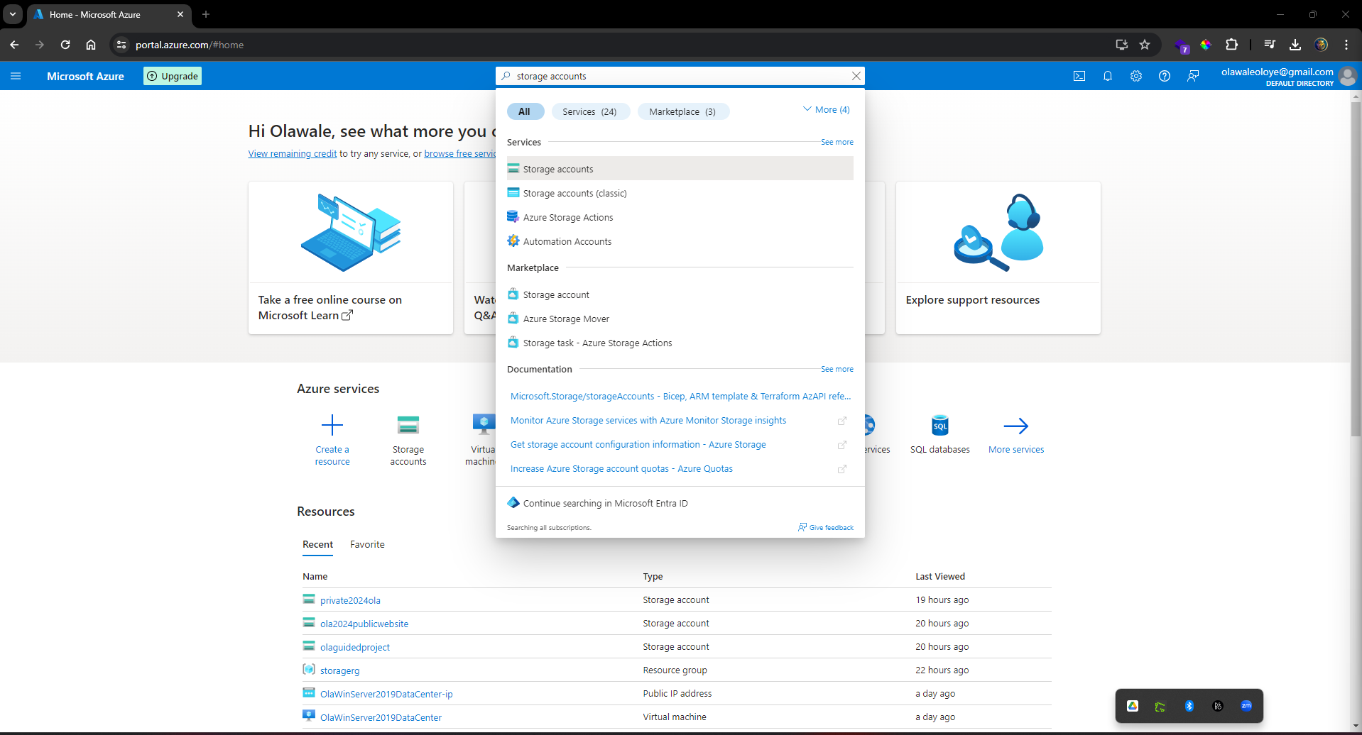 search for and select Storage accounts