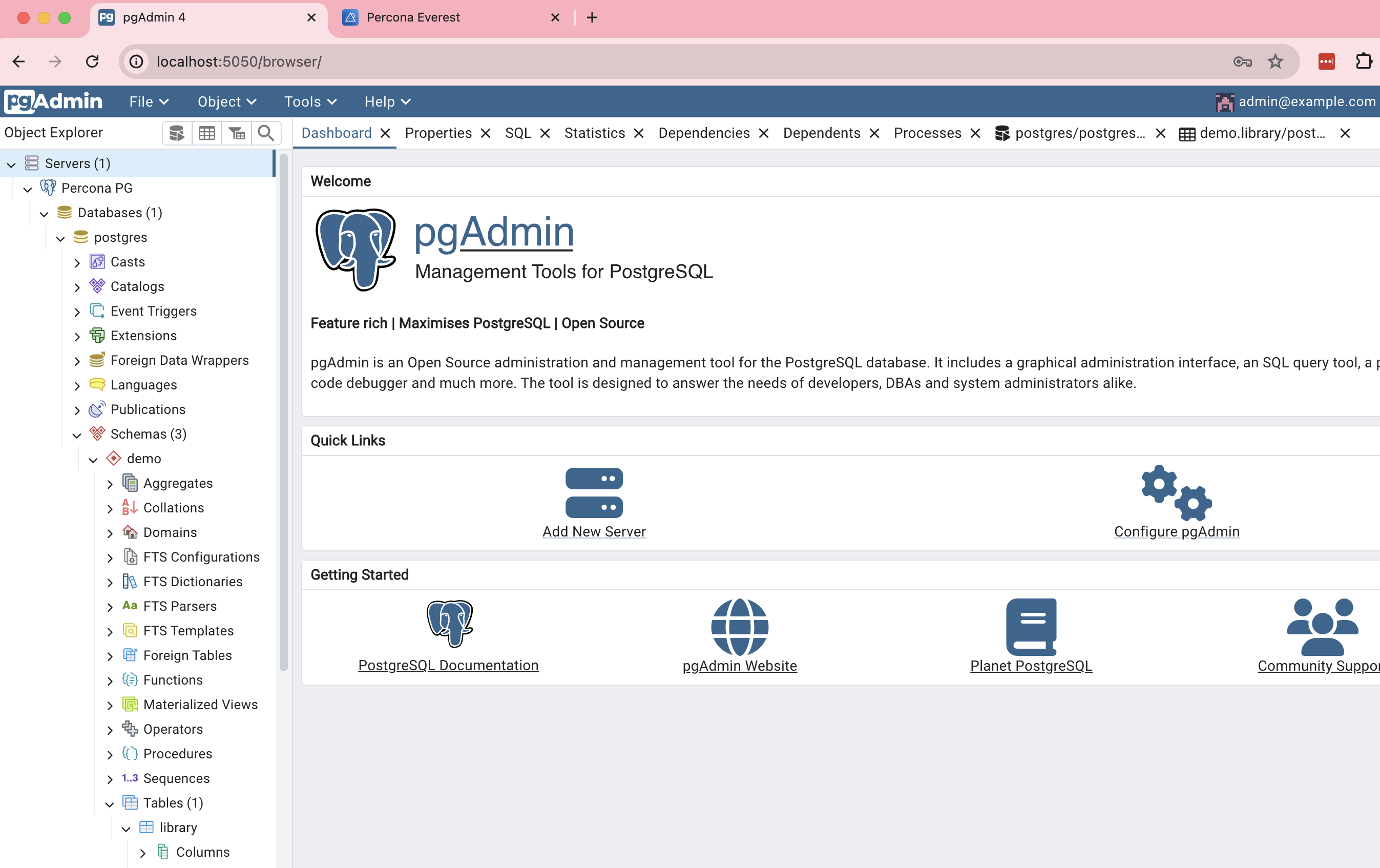 pgAdmin Dashboard