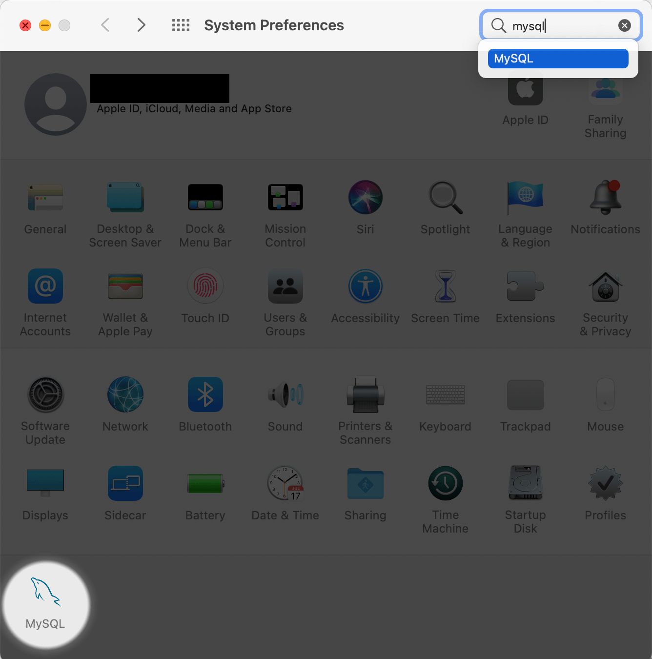 Searching after MYSQL in System Preferences.