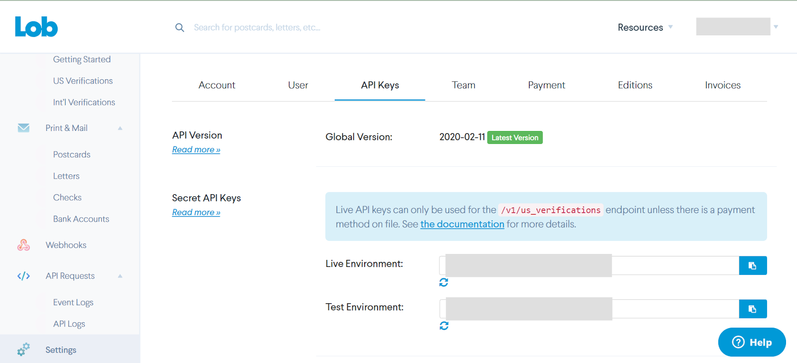 screenshot of API keys screen from Lob