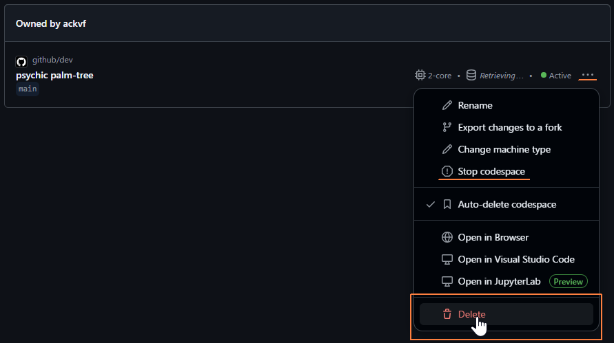 程式碼空間：從上下文選單中刪除程式碼空間。