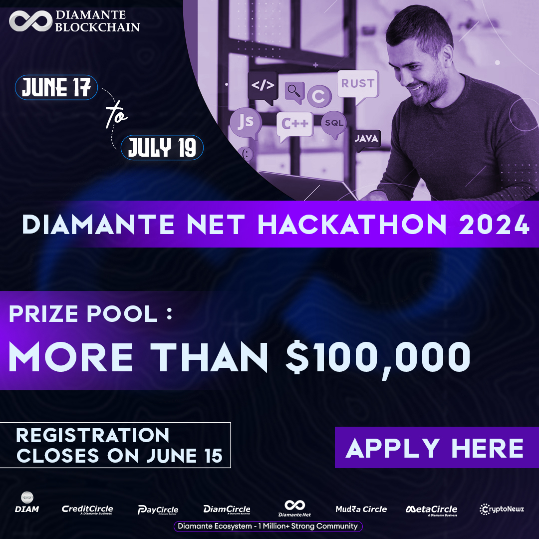 The attached image is a promotional banner for the "Diamante Net Hackathon 2024," organized by Diamante Blockchain. The event is scheduled to take place from June 17 to July 19, with a prize pool exceeding $100,000. The registration deadline is June 15. The banner features a visually appealing design with a dark background and vibrant purple accents, highlighting key details such as the event dates, prize pool, and registration closing date. The image also includes logos of Diamante Blockchain and its associated platforms, indicating a strong community and ecosystem. A "Apply Here" button encourages users to register for the hackathon.