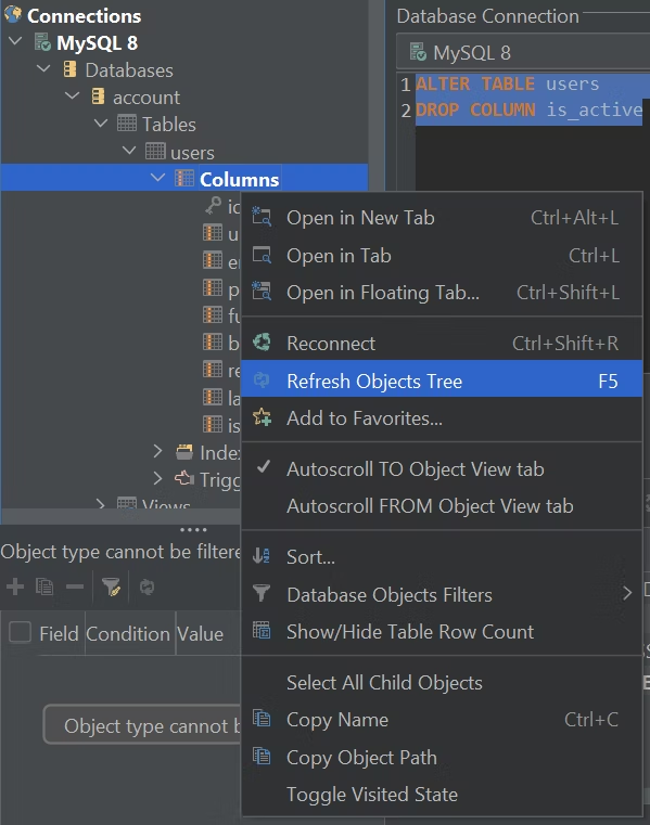Refreshing the database objects tree.