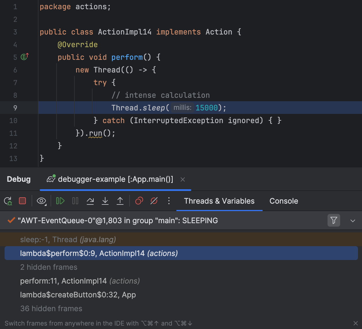 Call stack for the main thread shows what it is currently doing