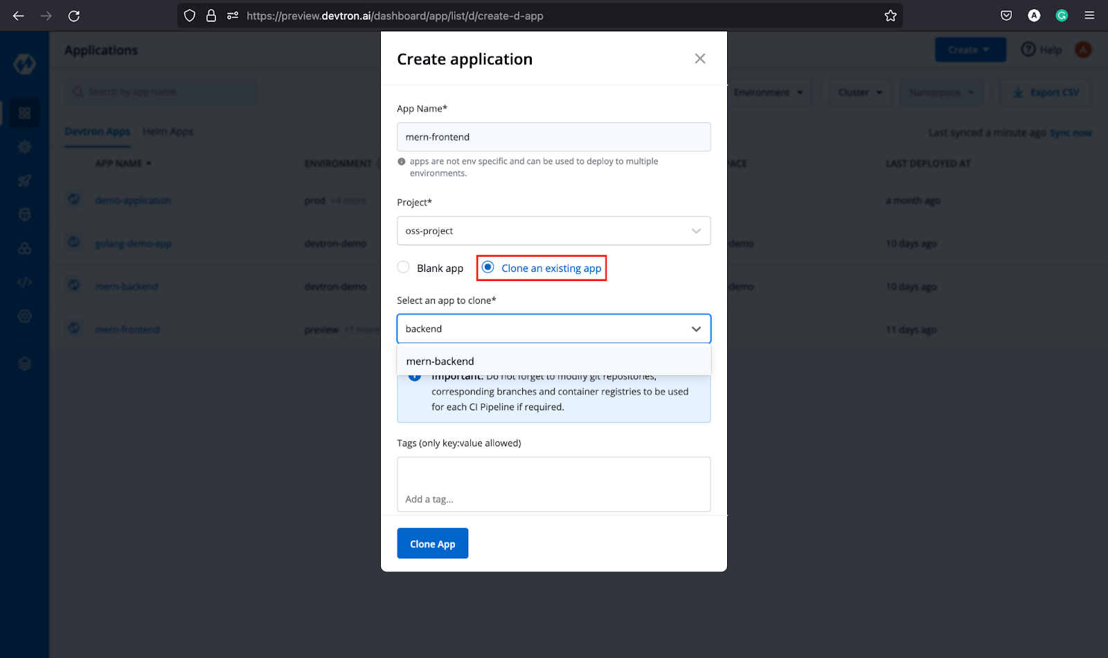 Cloning Existing Application