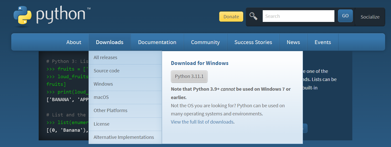 Print do site com as opções do item "Download" do menu aberto.