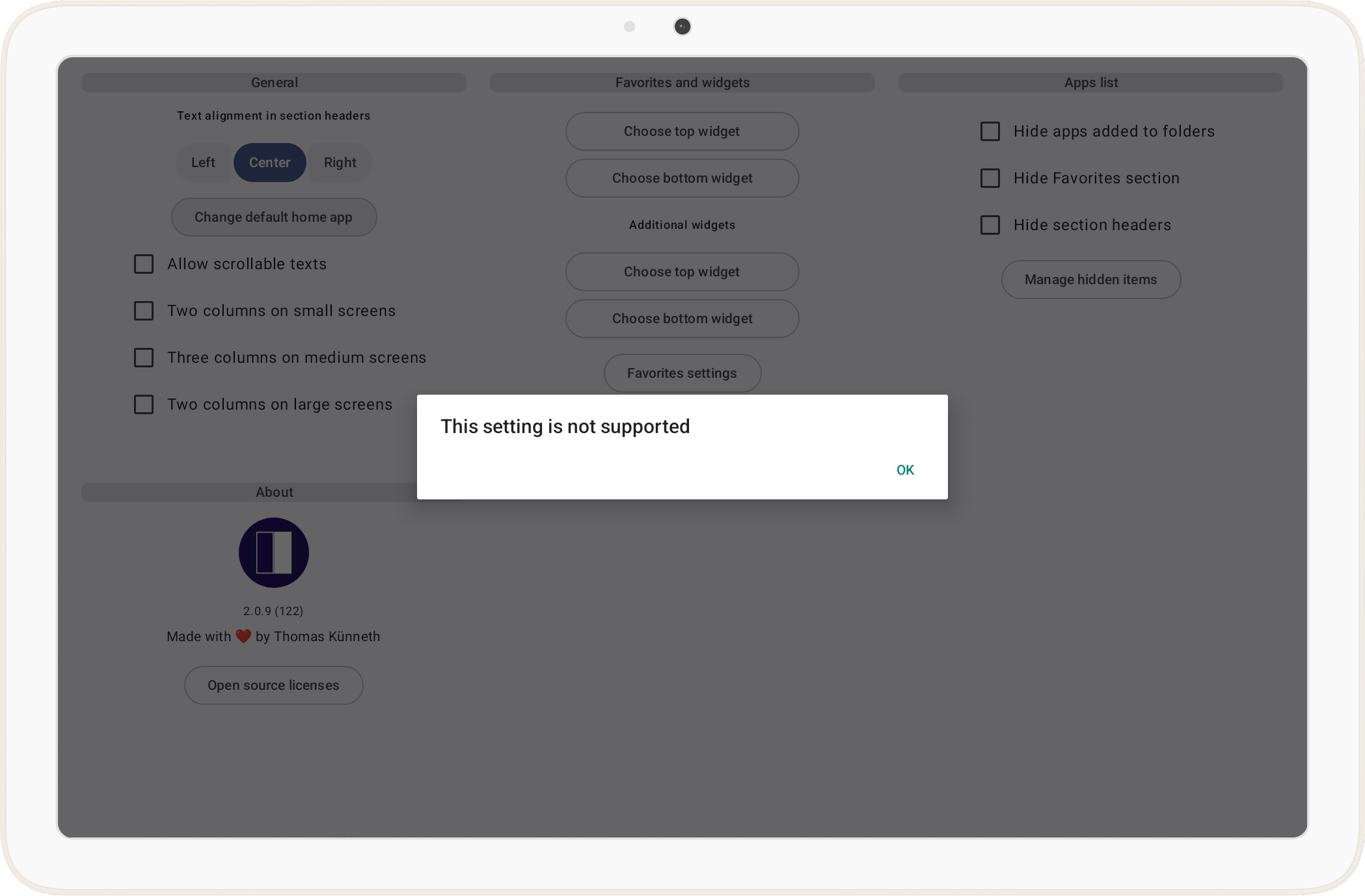 Screenshot of a system message reading *This setting is not supported*