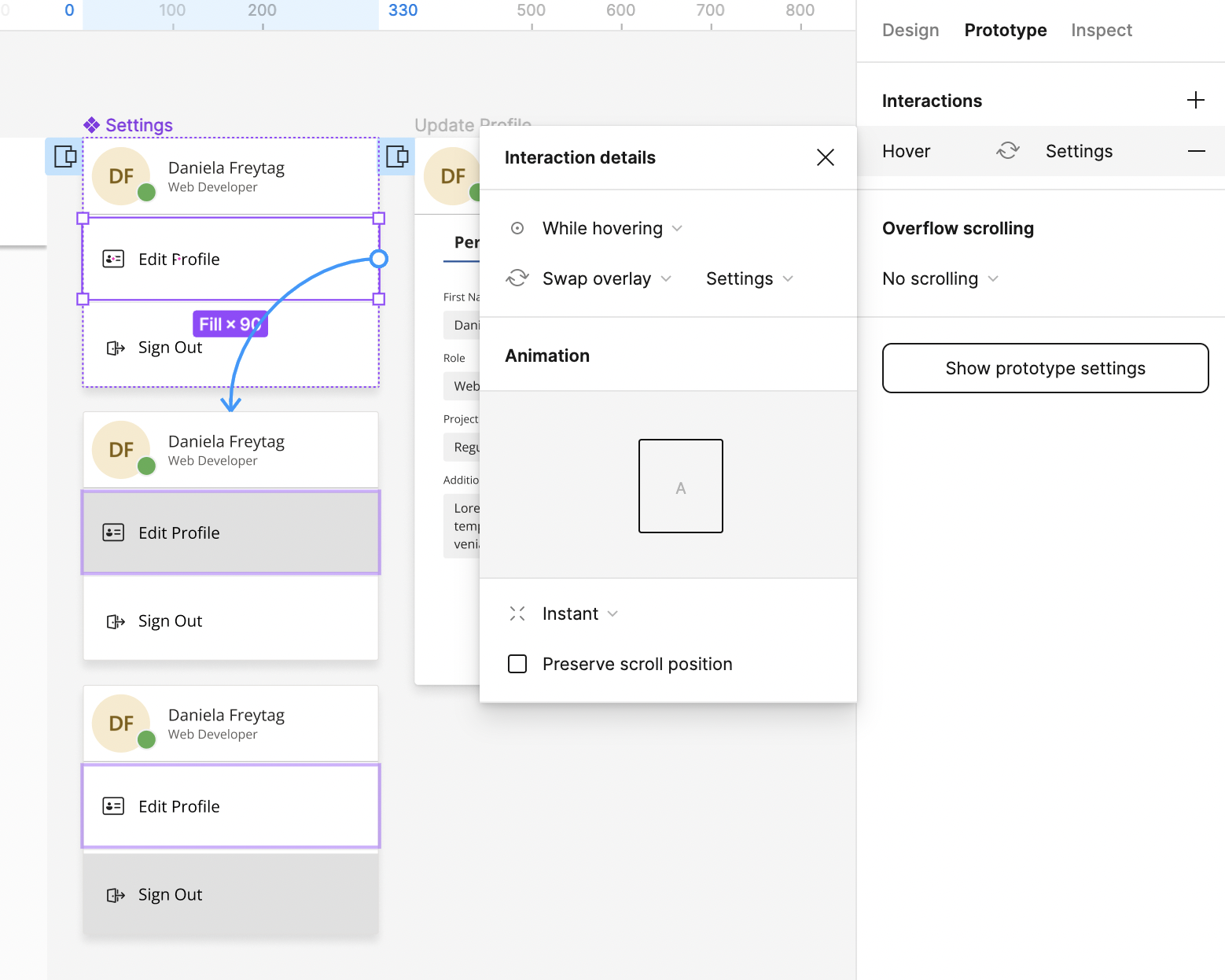Interaction on 'edit profile' tab