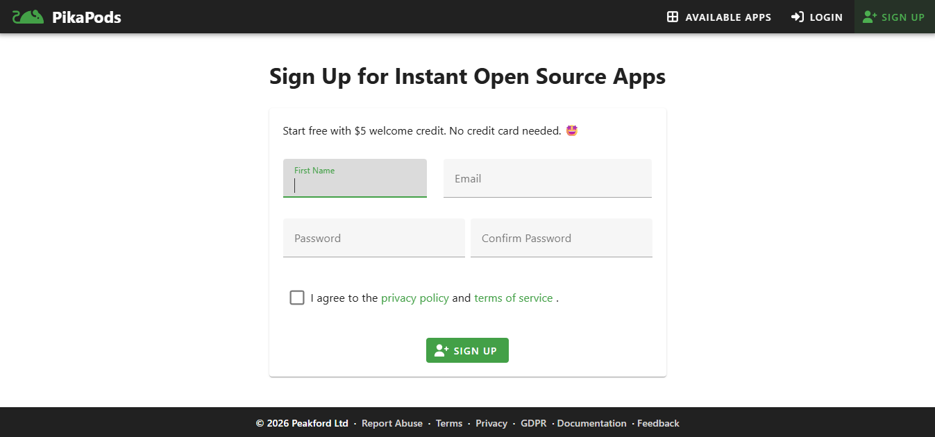 PikaPods sign‑up screen