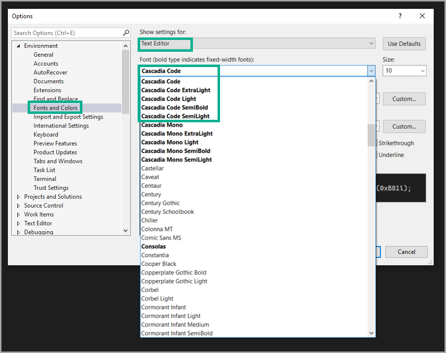 Displays the options dialog open to fonts and colors