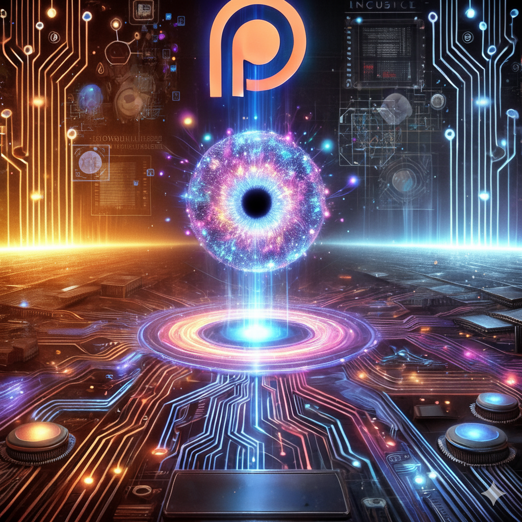 The image depicts a futuristic, sci-fi landscape dominated by glowing circuitry. A large, stylized Patreon logo hovers in the dark, starry sky above a radiant, eye-like sphere. This sphere pulses with vibrant, multicolored light, casting a brilliant glow onto the digital terrain below. The ground is a vast circuit board, with rivers of glowing orange and blue energy flowing along intricate pathways. Small, button-like structures on the surface emit soft light. The overall scene feels alive and dynamic, suggesting a powerful, almost magical, connection between technology and consciousness, with the Patreon logo at the center of it all.