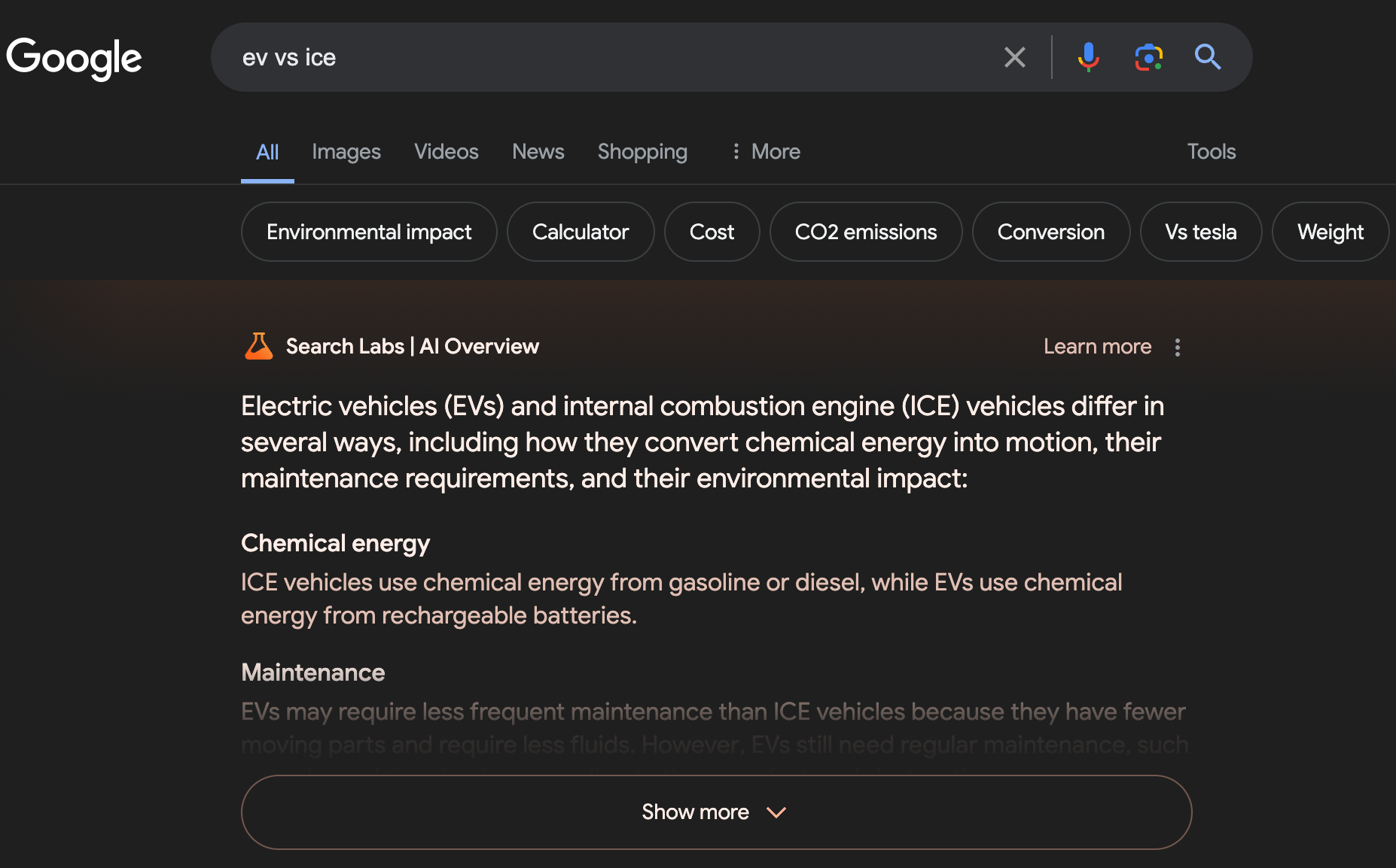 EV vs ICE Google Search