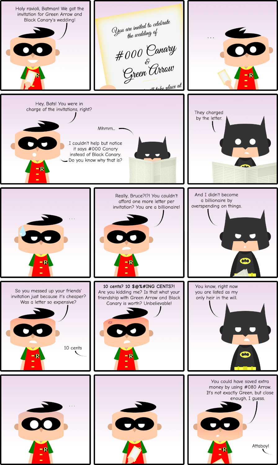 Cartoon with multiple panels showing Robin and Batman fighting over Batman being a penny pincher and writing #000 Canary instead of Black Canary in some wedding invitations in order to save money.