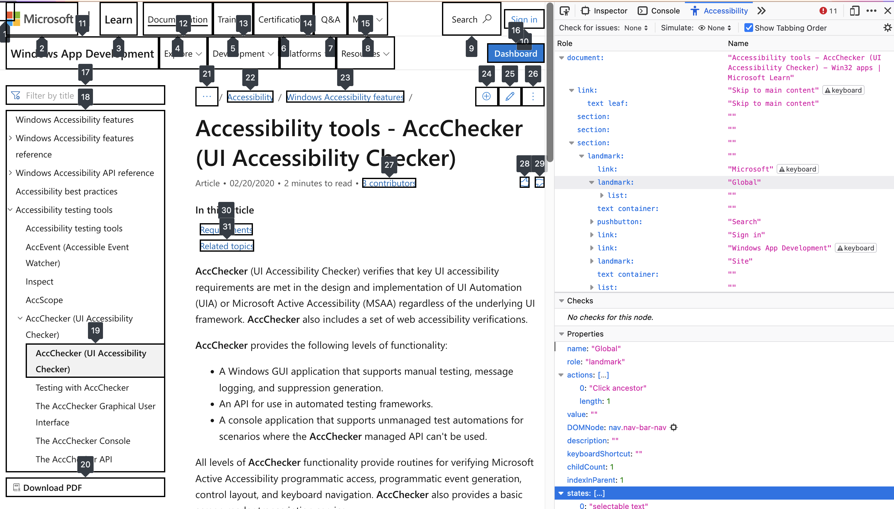 Accessibility Tree showcase in Firefox on MacOS.