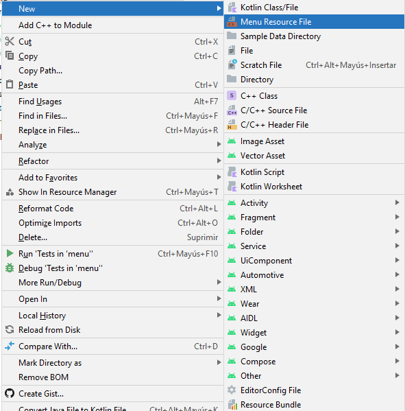 Agregando un nuevo archivo tipo Menu Resource File