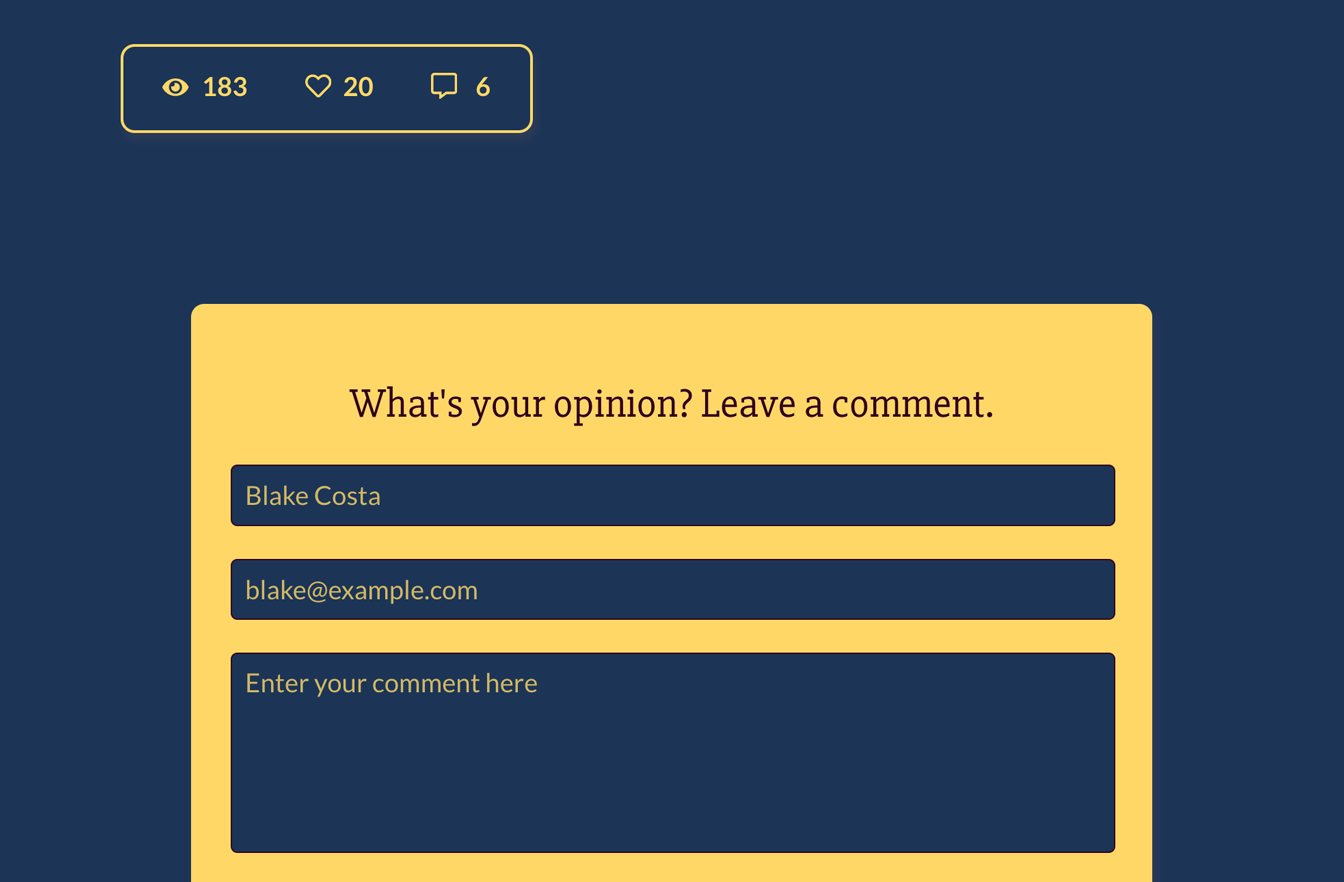 Screenshot of Narcissus demo site with blog post meta including post views, likes and comments as well as a comment box