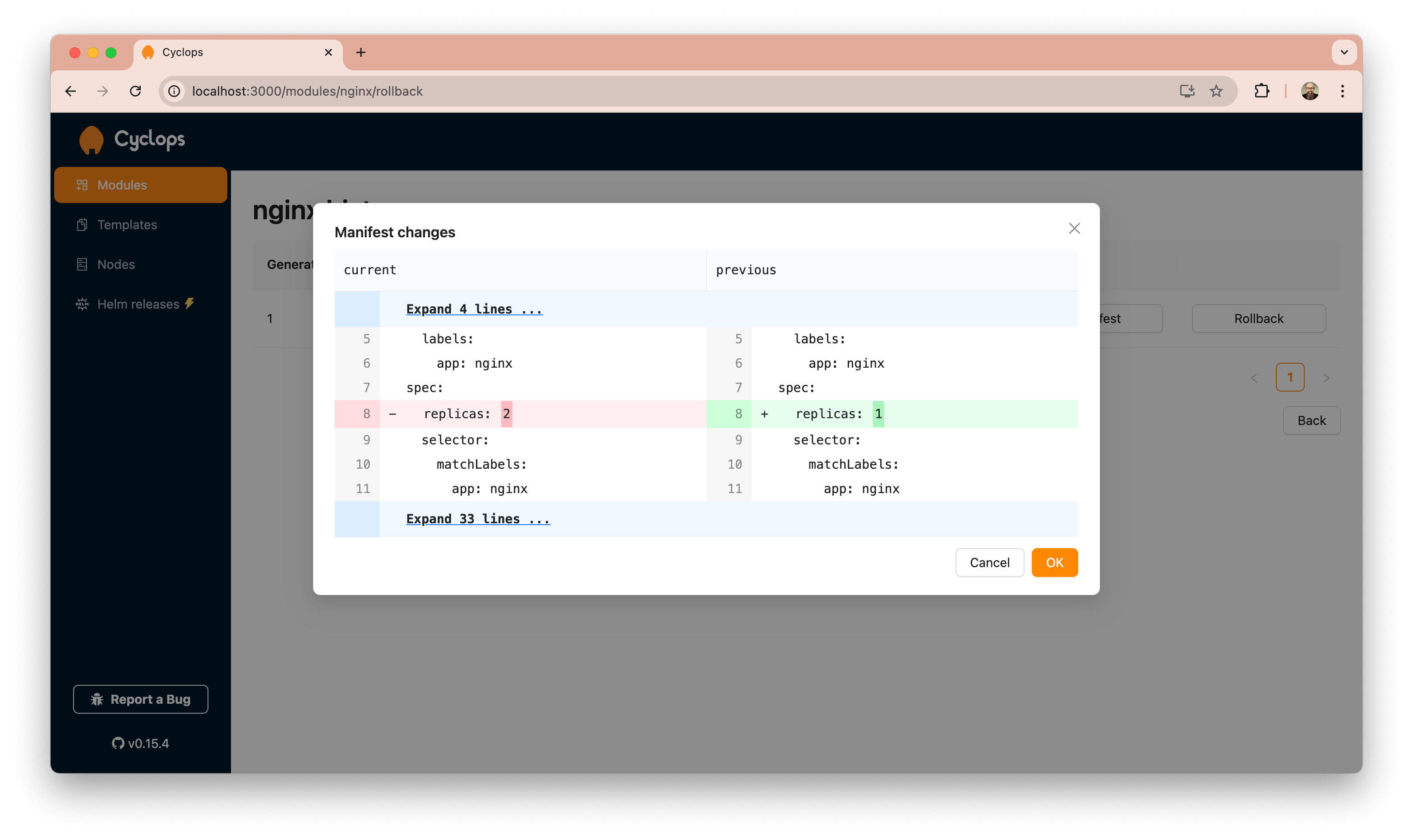 The diff on the rollback screen