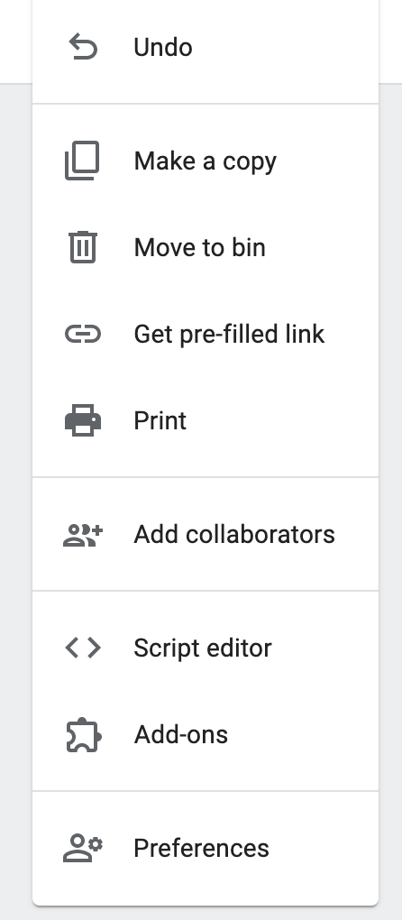 Google Forms Script Editor menu