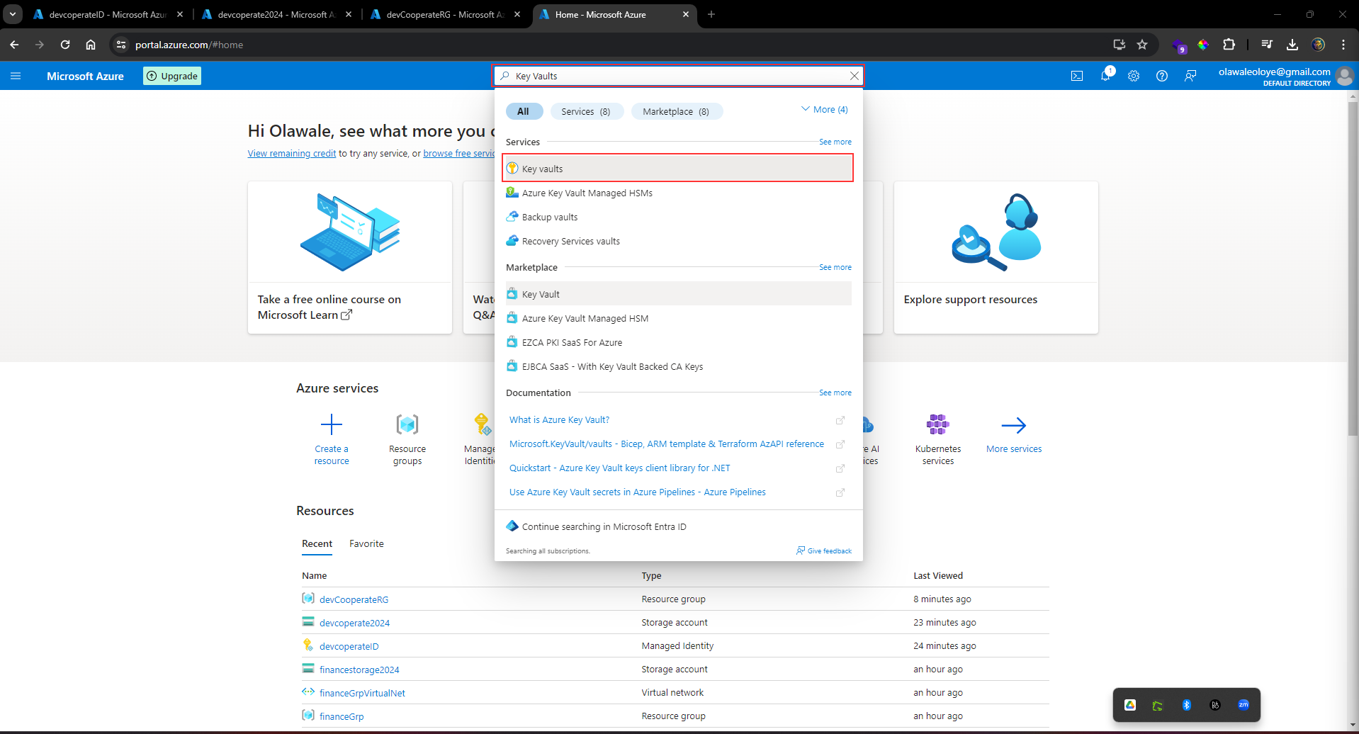 search for and select Key vaults