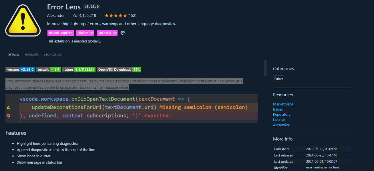 Image of the VScode extension called Error Lens