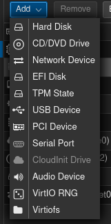 Snippet of the hardware options in Proxmox. The &ldquo;Add&rdquo; tab is opened and shows all of the possible device options.
