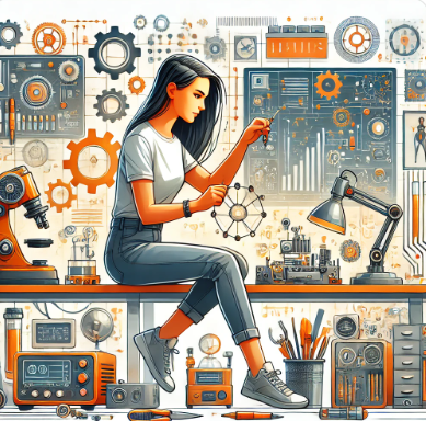 This image portrays her surrounded by gadgets and innovative technology in a modern lab environment, using vibrant orange tones to emphasize energy and creativity