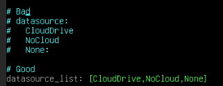 Text snippet showing the wrong and right way to write the data sources section. The data sources list is on a single line with a list as the value.